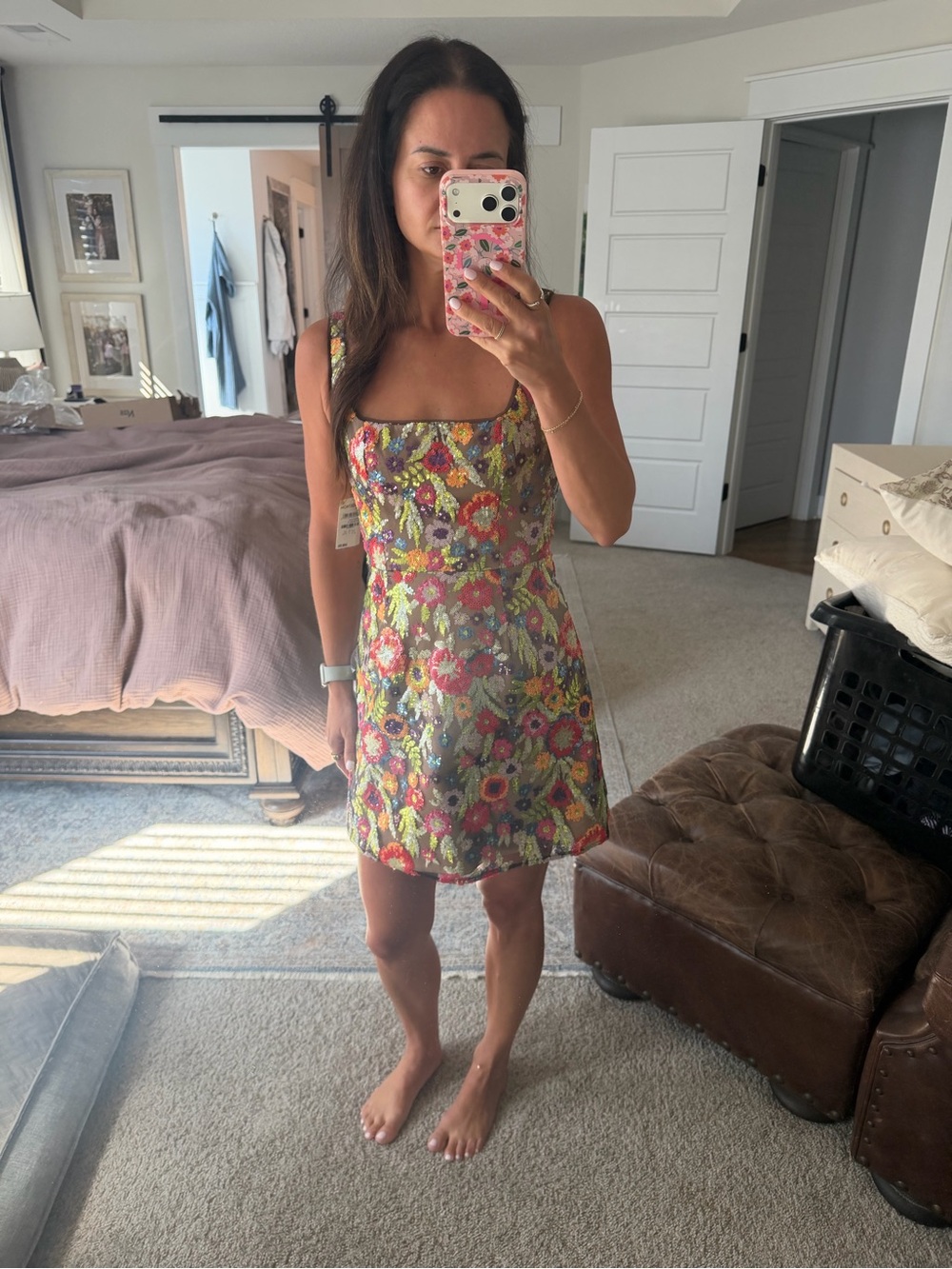 Dress the Population Floral Square-Neck Mini Dress in Multicolor Print